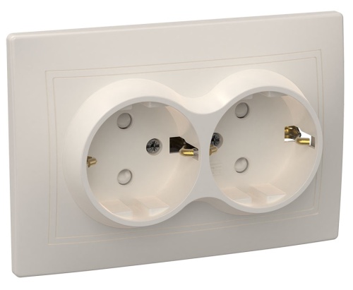 Розетка 2-местная РСш12-3-Км с заземляющим контактом с защитной шторкой 16А керамика КВАРТА кремовый | код ERK24-K33-16-K | IEK