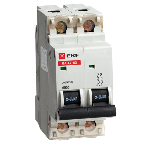 Автоматический выключатель ВА 47-63 6кА, 2P 20А (C) EKF | код. mcb4763-6-2-20C | EKF 