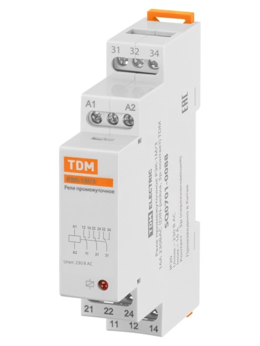 Реле промежуточное РЭК-1М/3 16А 230В АС (DIN-рейка, 3р-контакт) TDM | код SQ0701-0088 | TDM Реле промежуточное РЭК-1М/3 16А 230В АС (DIN-рейка, 3р-контакт) TDM | код SQ0701-0088 | TDM