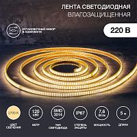 LED Лента 220В, 6x10.6 мм, IP67, SMD 3014, 120 LED/m, цвет свечения теплый белый, 5м (с комплектом подключения) | код 142-106-05 | NEON-NIGHT