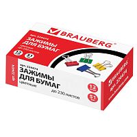 Зажимы для бумаг BRAUBERG, КОМПЛЕКТ 12 шт., 51 мм, на 230 листов, цветные, картонная коробка, 224474 | код 224474 | BRAUBERG