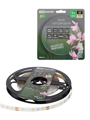 Лента светодиодная SMD2835-60 LED/м-IP20-12 В-4,8 Вт/м-3000 К (5 м) блистер TDM | код SQ0331-0364 | TDM Лента светодиодная SMD2835-60 LED/м-IP20-12 В-4,8 Вт/м-3000 К (5 м) блистер TDM | код SQ0331-0364 | TDM