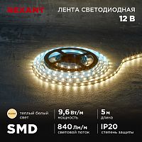 Лента светодиодная 12В, SMD2835, 9,6Вт/м, 60 LED/м, 3000K, 8мм, 5м, IP20 REXANT | код 141-213 | REXANT