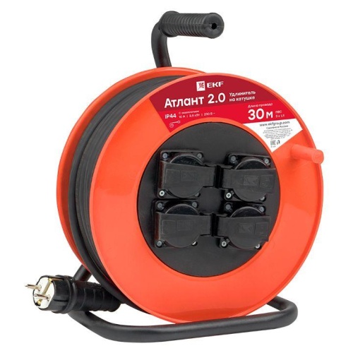 Удлинитель на катушке "Атлант 2,0" 4 гнезда 30м с заземлением ПВС 3*1,5 16А/3,5кВт IP44 PROxima | код UKA02-16-315-4-30-IP44 | EKF Удлинитель на катушке "Атлант 2,0" 4 гнезда 30м с заземлением ПВС 3*1,5 16А/3,5кВт IP44 PROxima | код UKA02-16-315-4-30-IP44 | EKF