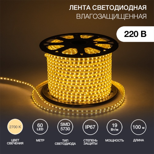 LED лента 220 В, 6.5x13 мм, IP67, SMD 5730, 60 LED/m, цвет свечения теплый белый, 100 м | код 142-702 | NEON-NIGHT LED лента 220 В, 6.5x13 мм, IP67, SMD 5730, 60 LED/m, цвет свечения теплый белый, 100 м | код 142-702 | NEON-NIGHT