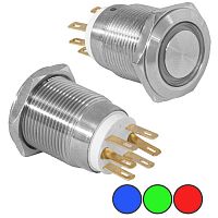 Кнопка антивандальная с подсветкой RUICHI LAS1-GQ-11E/R on-(on), М19, IP65, никелированная латунь | код 77930 | Ruichi