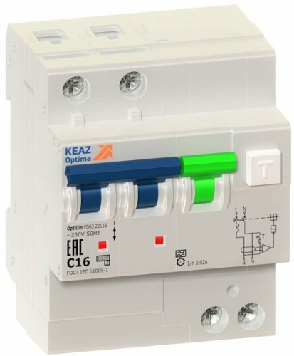 АВДТ с защитой от сверхтоков OptiDin VD63-22C16-A-ОМ4-РЕГ (2P, C16, 30mA) 10кА | код 361294 | КЭАЗ АВДТ с защитой от сверхтоков OptiDin VD63-22C16-A-ОМ4-РЕГ (2P, C16, 30mA) 10кА | код 361294 | КЭАЗ