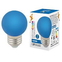 Лампа декоративная светодиодная LED-G45-1Вт BLUE E27 FR С Форма шар, матовая. Цвет синий. Картон. ТМ Volpe. | код UL-00005647 | VOLPE