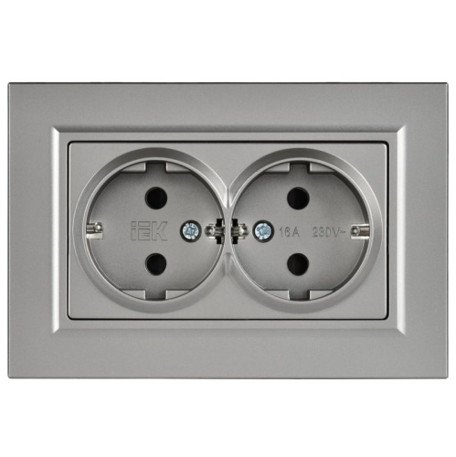 BRITE Розетка 2-местная с заземлением с защитными шторками плоская 16А в сборе РСшПл12-3-БрС сталь IEK | код BR-R28-16-K46-F | IEK