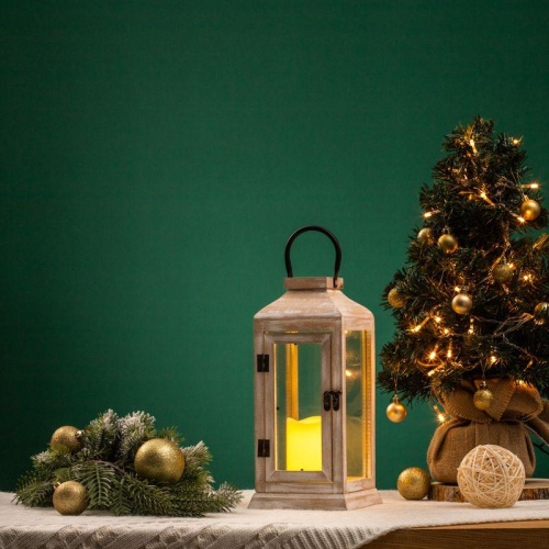 Фонарь декоративный 15х15х38см тепл. бел. со свечкой корпус из дерева беж. Neon-Night 513-073 фото 4