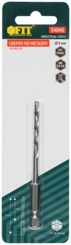 Сверло HSS по металлу,полированное, U-хвостовик под биту, инд.упаковка 4.0 мм | код 34040 | FIT фото 3 Сверло HSS по металлу,полированное, U-хвостовик под биту, инд.упаковка 4.0 мм | код 34040 | FIT фото 3