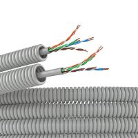 Электротруба ПВХ гибкая гофрированная д. 16 мм, цвет серый, с кабелем витая пара 5EU/UTP нг(А)-HF, 50 м | код 9EU91650 | DKC