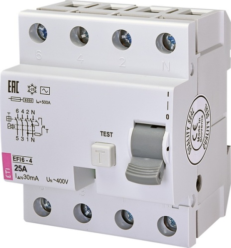 Реле дифференциальное (УЗО) EFI6-4 25/0,03 тип AC (6kA) | код 002062137 | ETI Реле дифференциальное (УЗО) EFI6-4 25/0,03 тип AC (6kA) | код 002062137 | ETI
