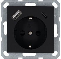 Розетка Schuko с USB A+C с защитными шторками 16A 250V~ 2P+T USB 25W, цвет черный матовый (soft touch) | код G5501USB-25PB | Jasmart
