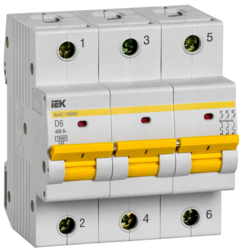 Выкл. авт. ВА47-100МА без тепл. расцеп. 3P 6А 10кА D IEK | код MVA43-3-006-D | IEK