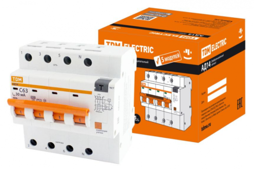 Диф.автомат АД14 4P, C16, 30мА, 4,5кА, тип АС, 5 мод, TDM | код SQ0204-0130 | TDM