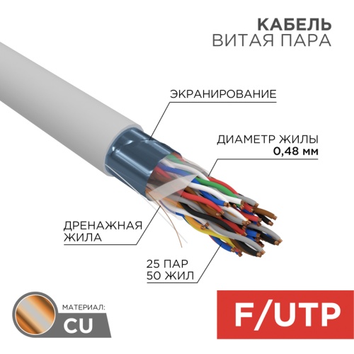 REXANT Кабель витая пара F/UTP, категория 5, PVC, 25PR, 24AWG, внутренний, серый, 305 м | код 01-1201 | REXANT REXANT Кабель витая пара F/UTP, категория 5, PVC, 25PR, 24AWG, внутренний, серый, 305 м | код 01-1201 | REXANT