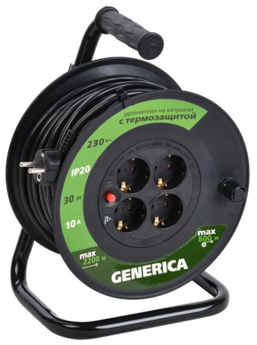 Катушка УК30 с термозащитой 4 места 2P+PE/30м 3х1,0мм2 GENERICA | код WKP10-10-04-30-G | IEK