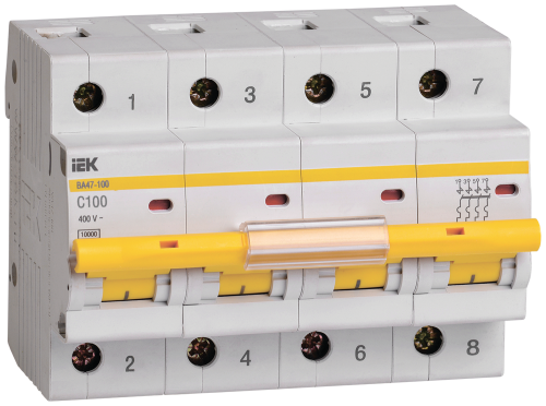 Выключатель автоматический четырехполюсный 10А С ВА47-100 10кА | код MVA40-4-010-C | IEK