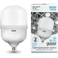 Лампа светодиодная LED 60 Вт 5400 лм 4000К AC180-240В E27 цилиндр Т160 нейтральный Elementary | код 63226 | GAUSS