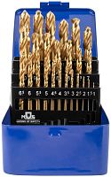 Набор сверл по металлу HSS шлифованные, титановое покрытие, угол заточки 135град, мет.бокс, 25 шт. (1-13 мм, через 0,5 мм) | код 35745М | FIT