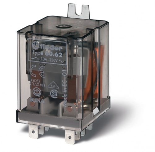 Универсальное электромеханическое реле, монтаж в наконечники Faston 187 (4.8х0.8мм), 2CO 10A, контакты AgNi, катушка 12В DC, степень защиты RTI, боковой монтажный фланец, опции: нет | код 606290120000 | FINDER