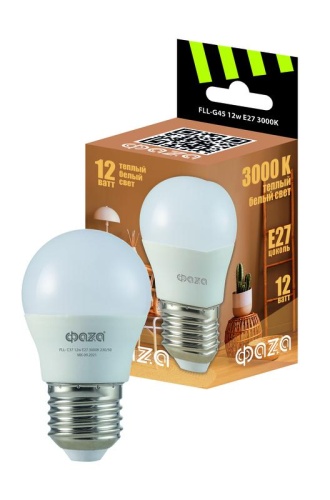 Лампа светодиодная LED 12Вт E27 3000K шар 230/50 ФАZА | код 5038622 | JazzWay
