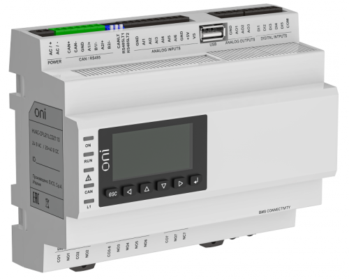 ПЛК для HVAC систем модуль ЦПУ с 5DI 7DO 6AI 3AO LCD экраном 2 портами RS485 и 1 портом Ethernet память для программ пользователя 1Мб ONI | код HVAC-CPU21LCD2110 | ONI