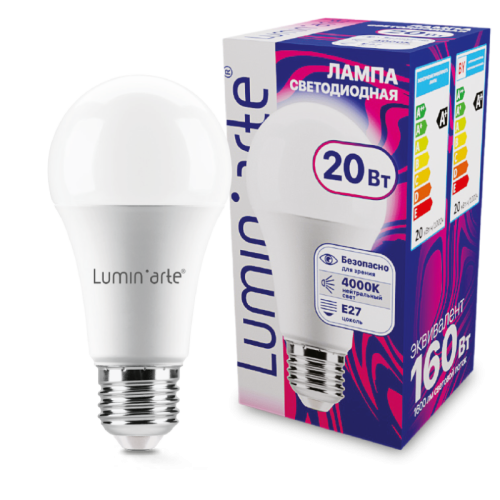 Лампа светодиодная Luminarte LSTD-A60-20W4KE27 Груша A60 20Вт 1600лм 4000К Е27 1/10/100 | код LSTD-A60-20W4KE27 | LuminArte Лампа светодиодная Luminarte LSTD-A60-20W4KE27 Груша A60 20Вт 1600лм 4000К Е27 1/10/100 | код LSTD-A60-20W4KE27 | LuminArte