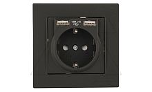 Rita - Розетка 2P+E, с 2хUSB 2,4A (однопостовой монтаж в комплекте с рамкой), черный мат | код 2220-619-0284 | Mutlusan