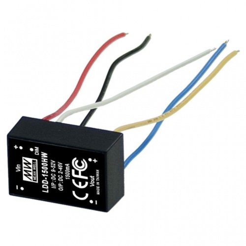 Источник питания DC-DC драйвер светодиодов, IP67, вход 9…56В DC, выход 1000мА/5…52В, вход вкл-выкл и регулировки яркости свечения, в корпусе 31.8x20.3x12.2мм, проволочные выводы, -40…+85С | код LDD-1000HW | MeanWell Источник питания DC-DC драйвер светодиодов, IP67, вход 9…56В DC, выход 1000мА/5…52В, вход вкл-выкл и регулировки яркости свечения, в корпусе 31.8x20.3x12.2мм, проволочные выводы, -40…+85С | код LDD-1000HW | MeanWell