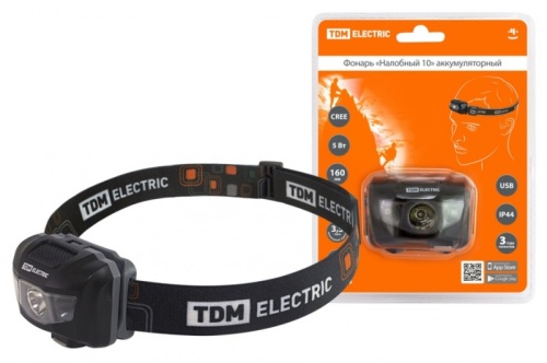Фонарь «Налобный 10» аккумуляторный, 5 Вт 1 светодиод CREE, Li-Ion 3,7 В 0,6 А*ч, USB, сенсор, TDM | код SQ0350-0062 | TDM