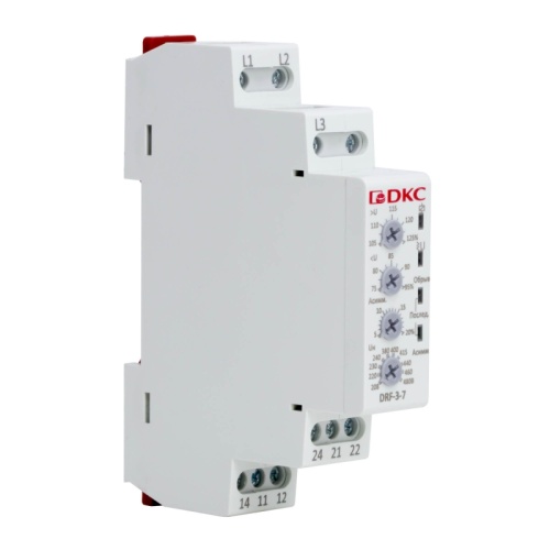 Реле контроля фаз, 3 фазы, тип DRF, контроль напряжения , контроль обрыва фаз, котроль чередования фаз, контроль асимметрии, конфигу | код DRF-3-7 | DKC