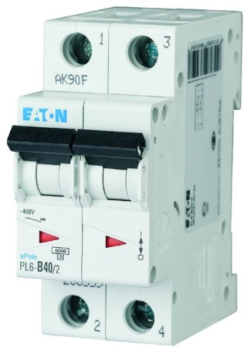 Автоматический выключатель 40А, кривая отключения С, 2 полюса, откл. способность 6 кА, PL6-C40/2 | код 286571 | EATON
