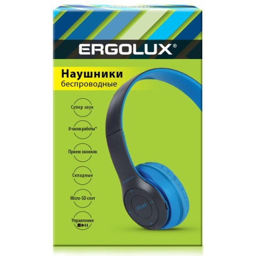 Наушники накладные с микрофоном беспроводные ELX-BTHP01-C06 FM MP3 коробка син. ERGOLUX | код 15357 | Ergolux