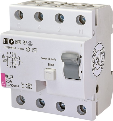 Реле дифференциальное (УЗО) EFI-4 25/0,3 тип AC (10kA) | код 002064142 | ETI