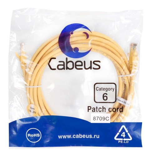 Cabeus PC-UTP-RJ45-Cat.6-5m-YL Патч-корд U/UTP, категория 6, 2xRJ45/8p8c, неэкранированный, желтый, PVC, 5м | код 8709c | Cabeus