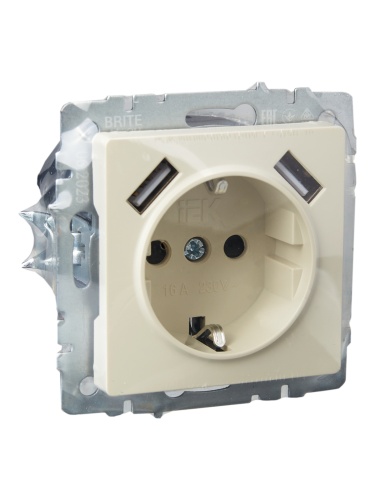 Розетка BRITE РЮш10-1-БрКр 16А с USB A+A 2.1А с заземл. защ. шторки беж. | код. BR-R14-16-U21-D21-K10 | IEK фото 2