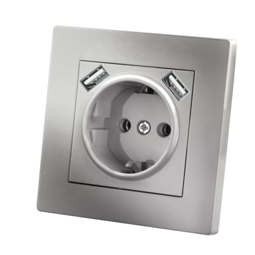 Розетка 2П+З 16А 250В + 2 USB порта 2,1А 5В серебр. металлик Сенеж TDM | код SQ1816-0253 | TDM