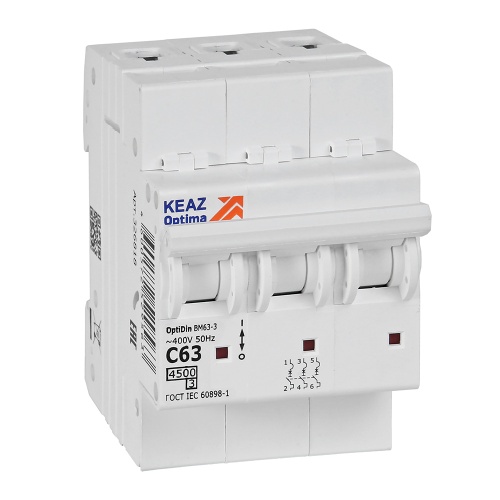 Выключатель автоматический трехполюсный 63А C 4,5кА AC OptiDin BM63-3C63-4,5-УХЛ3 | код.326818 | КЭАЗ Выключатель автоматический трехполюсный 63А C 4,5кА AC OptiDin BM63-3C63-4,5-УХЛ3 | код.326818 | КЭАЗ