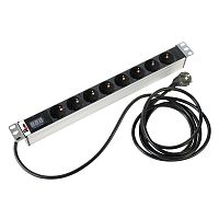 Блок розеток Rem-16 с амп., 8 Schuko, 16 A, алюм., 19, шнур 3 м | код R-16-8S-Am-440-3 | REM