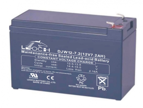 LEOCH DJW 12-7,2 Аккумуляторная батарея, напряжение: 12В, ёмкость: 7,2Ач, клеммы типа: F2, Размеры ВШГ: 99x65x151мм, вес: 2,5кг. Срок службы: 8 лет. | код DJW12-7.2 | LEOCH