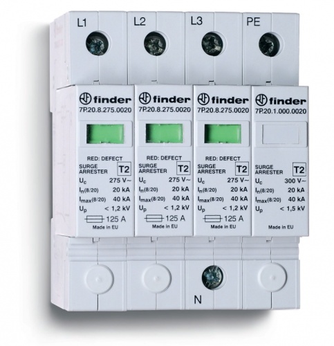 Устройство защиты от импульсных перенапряжений УЗИП тип 2 (3 варистора + 1 искровый разрядник), модульный, без доп.контакта, степень защиты IP20 | код 7P2482750020 | FINDER