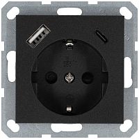 Розетка Shuko 16А с заземл. защ. шторки с 2-мя заряд. устройствами USB тип A+C 25Вт механизм антрацит Jasmart G5501USB-25B
