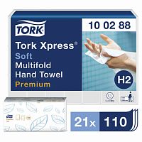 Полотенца бумажные 110 штук, TORK (Система H2) Premium, КОМПЛЕКТ 21 штука, 2-слойные, белые, 21х34, Interfold, 100288 | код 124550 | TORK