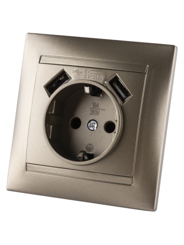 Розетка 2П+З 16А 250В + 2 USB порта 2,1А 5В бронза Лама TDM | код SQ1815-0742 | TDM