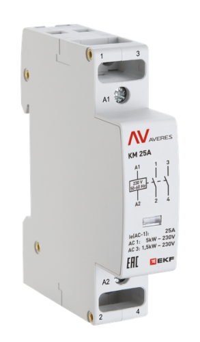 Контактор модульный КМ 25А 2NО 24VAC (1 мод.) AVERES EKF | код km-av-1-25-20-24V | EKF