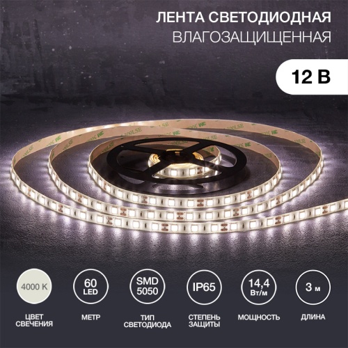 Лента светодиодная 12В, SMD5050, 14,4Вт/м, 60 LED/м, 4000К, 10мм, 3м, для БП с клеммами, IP65 LAMPER | код 141-2031 | LAMPER Лента светодиодная 12В, SMD5050, 14,4Вт/м, 60 LED/м, 4000К, 10мм, 3м, для БП с клеммами, IP65 LAMPER | код 141-2031 | LAMPER