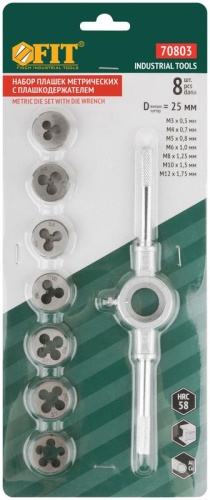 Плашки метрические, легированная сталь Профи 8 шт. М3-М12, плашкодержатель, блистер | код 70803 | FIT фото 3