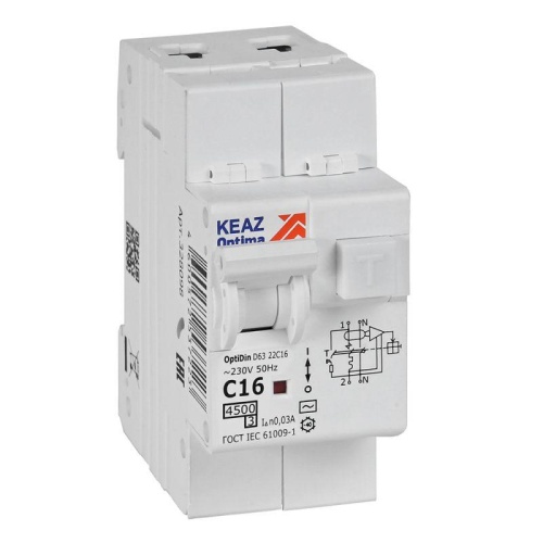 Выключатель автоматический дифференциального тока 2п с защитой от сверхтоков OptiDin D63-22C16-AC-У3 C16 30мА 4.5кА | код. 328098 | КЭАЗ Выключатель автоматический дифференциального тока 2п с защитой от сверхтоков OptiDin D63-22C16-AC-У3 C16 30мА 4.5кА | код. 328098 | КЭАЗ